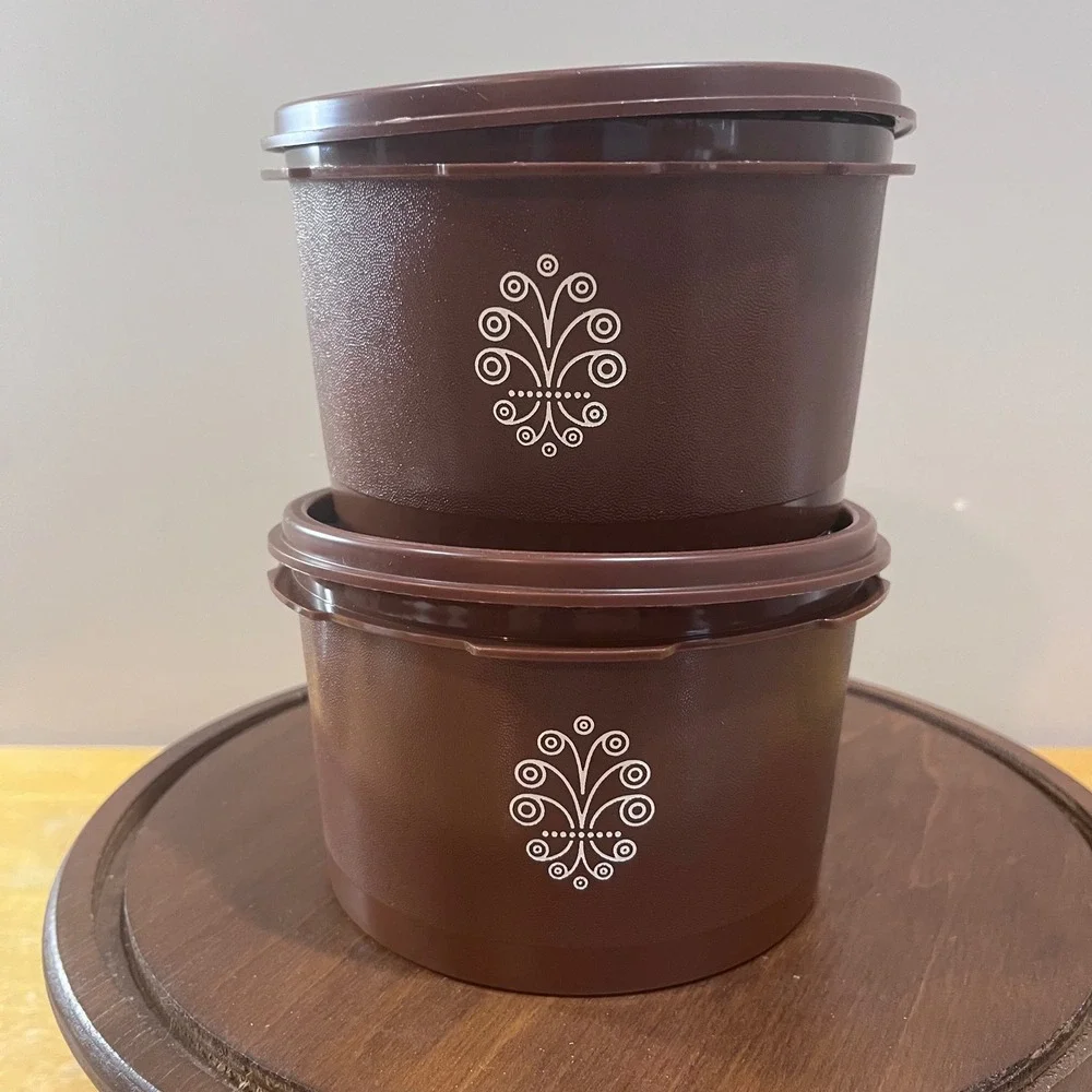 Vtg Tupperware Brown Servalier Canister Set 2pc Sunburst Floral Retro 70s MCM